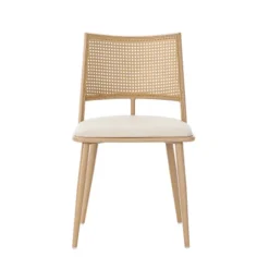 Lænestol med rattanryglæn og PU-sæde, beige stue stol til soveværelse og opholdsområde Beige