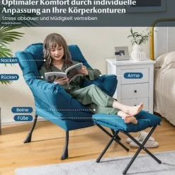 Lænestol med skammel & armlæn & sidelomme & fodstøtte afslapningsstol vingestol blå