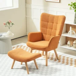 Lænestol med skammel, fløjstol med høj ryg, træben, tuftet design fløjlsbuks-look loungestol til stuen, brun