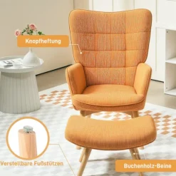 Lænestol med skammel, fløjstol med høj ryg, træben, tuftet design fløjlsbuks-look loungestol til stuen, brun