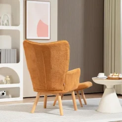 Lænestol med skammel, fløjstol med høj ryg, træben, tuftet design fløjlsbuks-look loungestol til stuen, brun