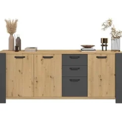 LOFT skænk - Håndværker eg og skyggegrå melamin indretning - 3 låger og 3 skuffer - L 220 x D 52 x H 86,5 cm - PARISOT Ek och Grå