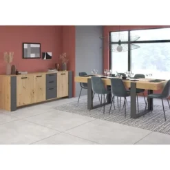 LOFT skænk - Håndværker eg og skyggegrå melamin indretning - 3 låger og 3 skuffer - L 220 x D 52 x H 86,5 cm - PARISOT Ek och Grå