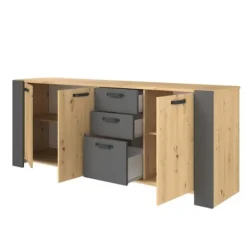 LOFT skænk - Håndværker eg og skyggegrå melamin indretning - 3 låger og 3 skuffer - L 220 x D 52 x H 86,5 cm - PARISOT Ek och Grå