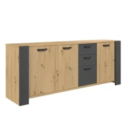 LOFT skænk - Håndværker eg og skyggegrå melamin indretning - 3 låger og 3 skuffer - L 220 x D 52 x H 86,5 cm - PARISOT Ek och Grå