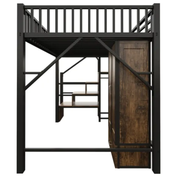Loftseng i metal 140x200cm med stort klædeskab & skuffer, opbevaringsstige & gelænder, sort Black