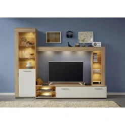 LOGO 3-delt TV skabssæt - 1 dør - LED - Lys eg og mat hvid melamin - L240 x D41 x H185 cm - TRENDTEAM Strukturerad ljus ek och matt vit