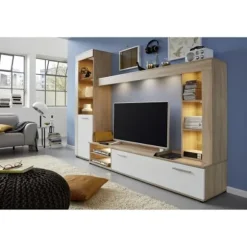 LOGO 3-delt TV skabssæt - 1 dør - LED - Lys eg og mat hvid melamin - L240 x D41 x H185 cm - TRENDTEAM Strukturerad ljus ek och matt vit