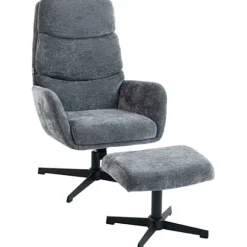 Loungestol med fodskammel, høj ryg, metalfod, grå