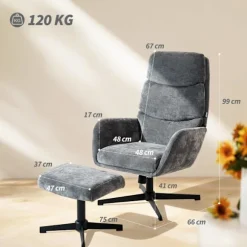 Loungestol med fodskammel, høj ryg, metalfod, grå