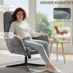 Loungestol med fodskammel, høj ryg, metalfod, grå
