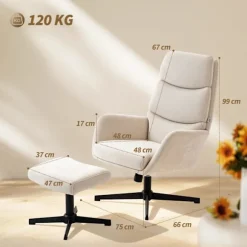 Loungestol med fodskammel, høj ryg, metalfod, beige