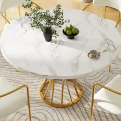 Luksuriøst rundt spisebord 80 cm, marmor MDF-plade og guld ben, letvægtsbord til 4-6 personer, spisestue Golden