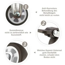 M10 Drejelige Hjul med Bremse - Kraftige Drejelige Gummihjul - Gevinddiameter: 10 mm, Længde: 25 mm - Sæt med 2 Hjul med Bremse + 2 Hjul uden