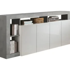 MAESTRO skænk - Beton og blank lakeret hvid indretning - 4 låger - L 184 x D 42 x H 93 cm Betongeffekt & Blank Vitlackerad