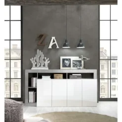 MAESTRO skænk - Beton og blank lakeret hvid indretning - 4 låger - L 184 x D 42 x H 93 cm Betongeffekt & Blank Vitlackerad