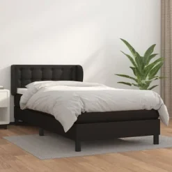 Maison Exclusive - Sengebund med latten og madras Sort 90x190 cm Syntetisk læder