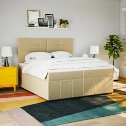 Maison Exclusive - Sengebund med lameller og madras Creme 200x200 cm Stof