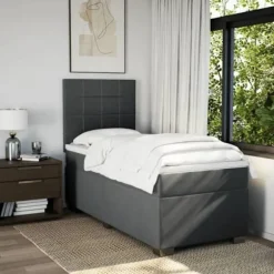 Maison Exclusive - Sengebund med lameller og mørkegrå madras 90x200 cm Stof
