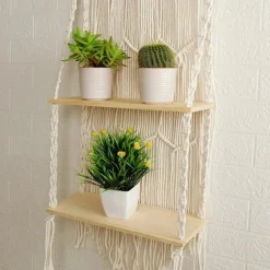 Makrame Væghængt Hylde Boho Træ Flydende Hylder Makrame Tapestry Rack