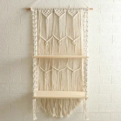 Makrame Væghængt Hylde Boho Træ Flydende Hylder Makrame Tapestry Rack
