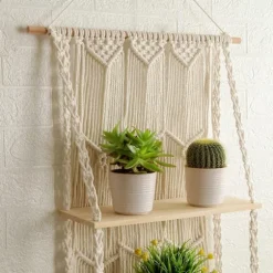 Makrame Væghængt Hylde Boho Træ Flydende Hylder Makrame Tapestry Rack