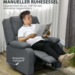 Manuel afslapningsstol, kan holde op til 150 kg, tv-stol med lænefunktion, linnedlook, tv-stol med sidehåndtag, fodstøtte