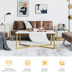 Marmor sofabord med guld metal base, justerbare fødder