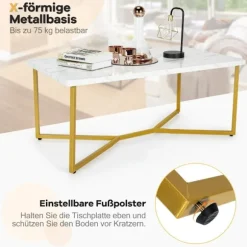 Marmor sofabord med guld metal base, justerbare fødder