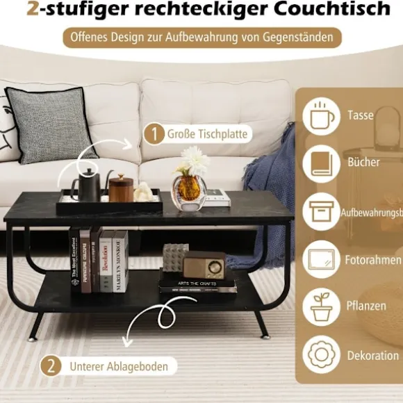 Marmor sofabord Rektangulært sofabord med 2 niveauer 105 x 55 x 46,5 cm Sort