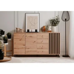 MEDAN spisestue skænk - Artisan eg og antracit indretning - 3 låger + 4 skuffer - L160 x H85 x D40 cm hantverkare ek / antracit