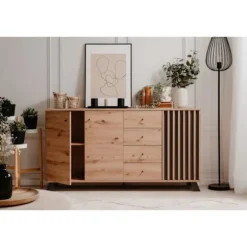 MEDAN spisestue skænk - Artisan eg og antracit indretning - 3 låger + 4 skuffer - L160 x H85 x D40 cm hantverkare ek / antracit