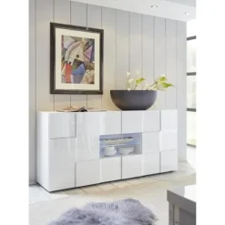 MILANO skænk - Blank hvidlakeret indretning - 2 låger 2 skuffer - L181 x D43 x H84 cm Högblank vit lack