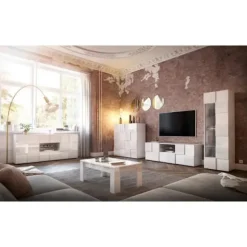 MILANO skænk - Blank hvidlakeret indretning - 2 låger 2 skuffer - L181 x D43 x H84 cm Högblank vit lack