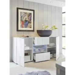 MILANO skænk - Blank hvidlakeret indretning - 2 låger 2 skuffer - L181 x D43 x H84 cm Högblank vit lack