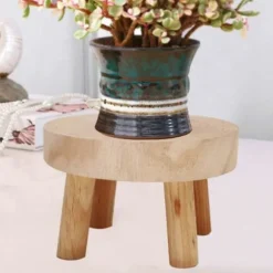 Mini rund taburet i naturligt træ, holder til urtepotte, havetaburet – 8,9 cm høj, naturligt træ