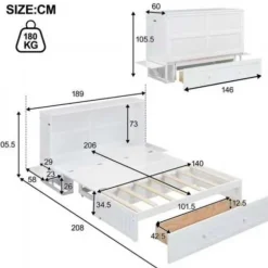 Mobil vægseng 140x200 cm hvid - med skuffer, lille hylde & justerbar platform White