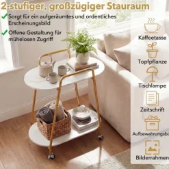 Mobilt sidebord i to niveauer med overflade af imiteret marmor