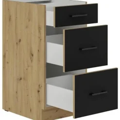 MODENA - Lavtskabe til gryder - 3 skuffer - 40 x 52 x 82 cm - Håndlavet eg / Mat sort - Bordplade ikke inkluderet Svart