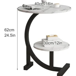 Moderne C-formet Sidebord – 2-lags Rundt Sofabord med Træhylde & Stålramme, Stabil & Let at Rengøre black
