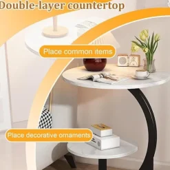 Moderne C-formet Sidebord – 2-lags Rundt Sofabord med Træhylde & Stålramme, Stabil & Let at Rengøre black