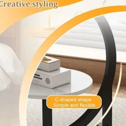 Moderne C-formet Sidebord – 2-lags Rundt Sofabord med Træhylde & Stålramme, Stabil & Let at Rengøre black