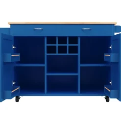 Moderne køkkenø (102x45x92cm) i blå med træstruktur – multifunktionel som spisebord, køkkenskab & buffetskænk med opbevaringsplads Blue