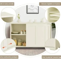 Moderne lav skænk - Skænk - Blank hvidlakeret - Skydedøre - 2 MDF hylder beige