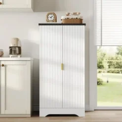 Moderne opbevaringsskab med LED-sensor, køkkenskab med dobbeltdør og krydderihylde, 120 cm, hvid White