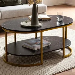 Moderne rektangulært sofabord - Sort og guld - Marmorlook - Afrundede hjørner - 100 cm x 60 cm x 45 cm - Opbevaringsområde - Robust metalstel - Elegan | Fyndiq