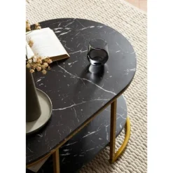 Moderne rektangulært sofabord - Sort og guld - Marmorlook - Afrundede hjørner - 100 cm x 60 cm x 45 cm - Opbevaringsområde - Robust metalstel - Elegan | Fyndiq