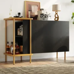 Moderne skænk med skjulte håndtag, 2 åbne rum og 16 cm metalben, minimalistisk Black