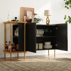 Moderne skænk med skjulte håndtag, 2 åbne rum og 16 cm metalben, minimalistisk Black