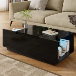 Moderne sofabord 105 cm minimalistisk med LED-belysning, opbevaringsplads, glasplade og 2 skuffer Black